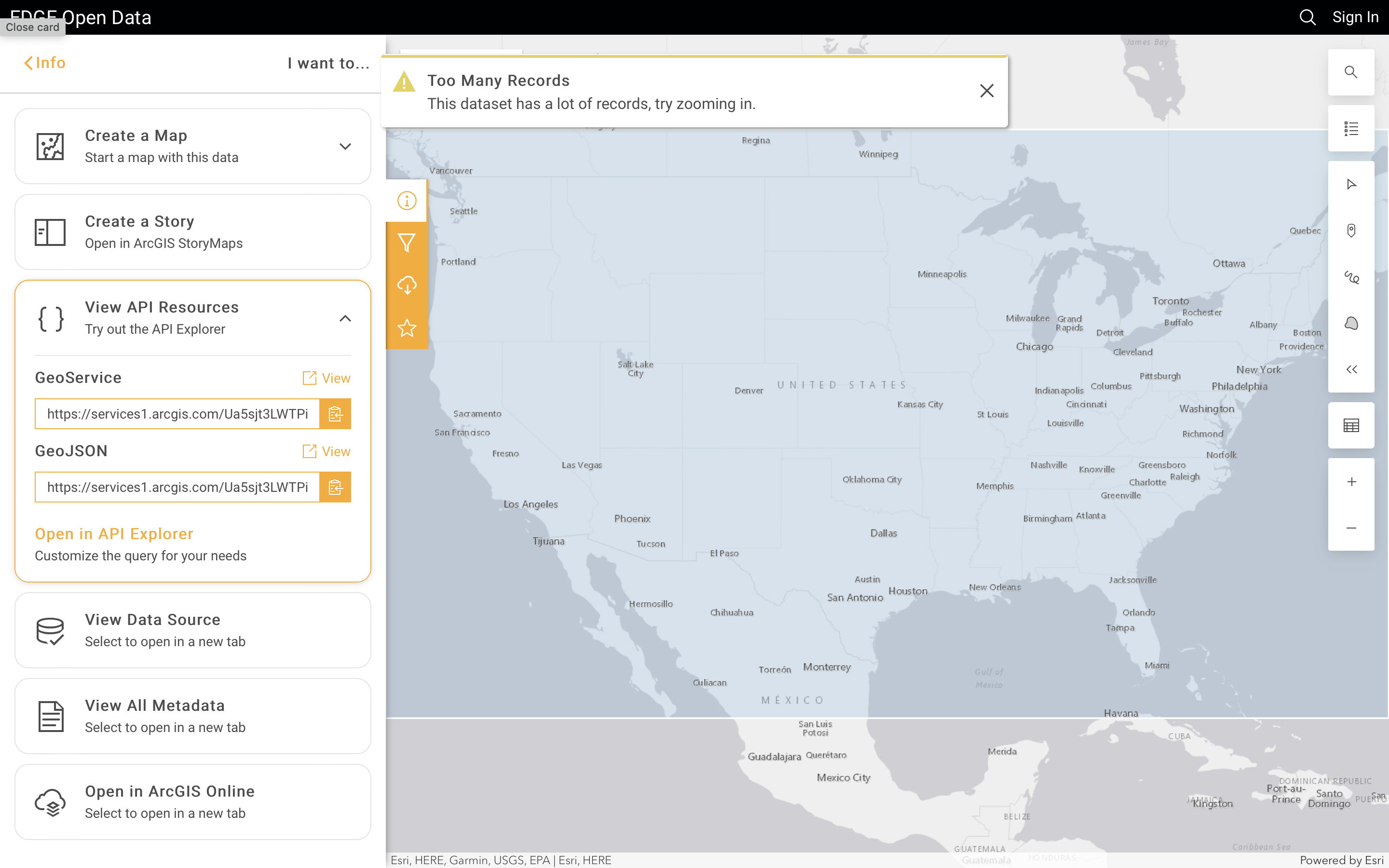 The screenshot shows a left-hand sidebar menu of different options to allow the user to "use" the data. In the middle is an expanded button that reads "View API Resources". Inside the expanded button are two urls labeled "Geoservice" and "GeoJSON".